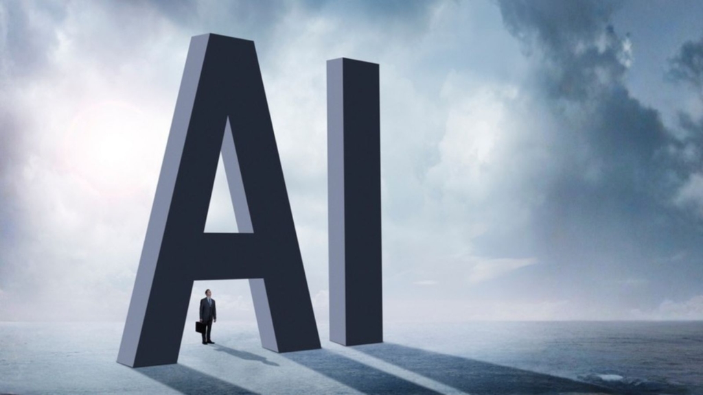 Small businessman standing beneath oversized AI letters, representing AI use for tax professionals