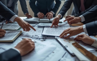 Business valuation professionals reviewing standards documents, representing TAF's business appraiser competency brief update