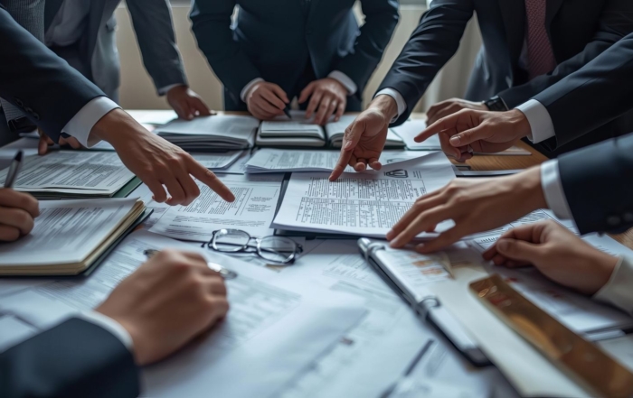 Business valuation professionals reviewing standards documents, representing TAF's business appraiser competency brief update