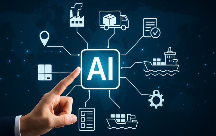 Digital composite showing a hand pointing to an AI icon at the center of a global logistics network, with interconnected icons of trucks, ships, warehouses, factories, and documents representing AI integration in procurement and supply chain systems.