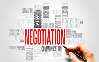 the word "NEGOTIATION" prominently displayed in bold red text, surrounded by various related terms like "communication," "process," "decision," "discussion," and "agreement."